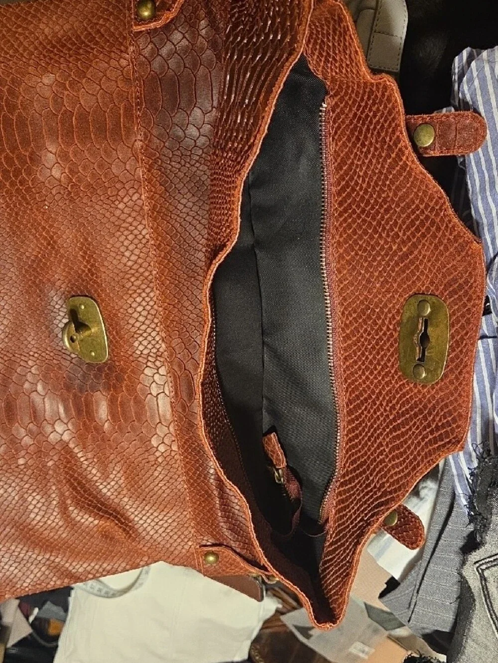 Men's Cognac Textured Leather Messenger Bag with Turn-Lock